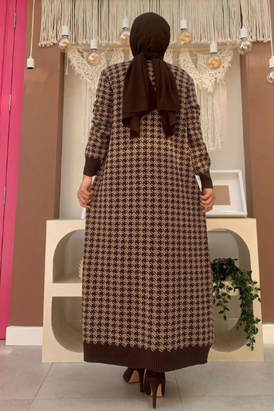 Hijab clothing BROWN BELTED HOUNDSTOOTH TEXTURED KNITWEAR DRESS SUIT 10112