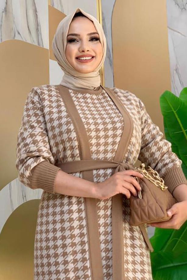 Vêtements hijab TABA COSTUME EN MAILLE TEXTURÉE PIED-DE-POULE AVEC CEINTURE 10112 - TRENDTESETTÜR