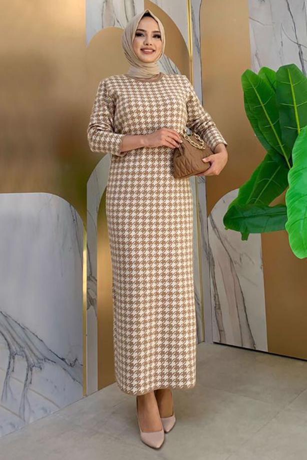 Vêtements hijab TABA COSTUME EN MAILLE TEXTURÉE PIED-DE-POULE AVEC CEINTURE 10112 - TRENDTESETTÜR