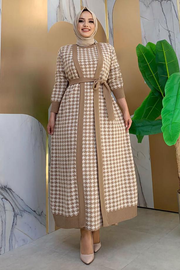 Vêtements hijab TABA COSTUME EN MAILLE TEXTURÉE PIED-DE-POULE AVEC CEINTURE 10112 - TRENDTESETTÜR