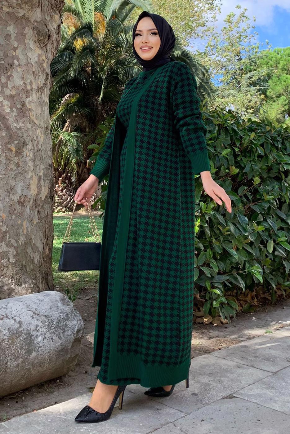 Vêtements hijab VERT COSTUME EN MAILLE TEXTURÉE PIED-DE-POULE AVEC CEINTURE 10112