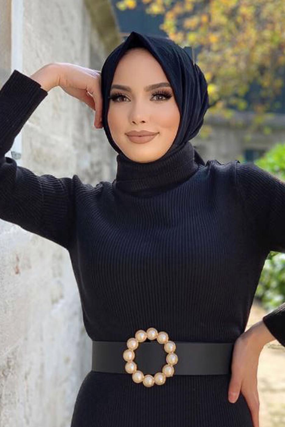 Tesettür giyim SİYAH FİTİLLİ TRİKO ELBİSE T 0014