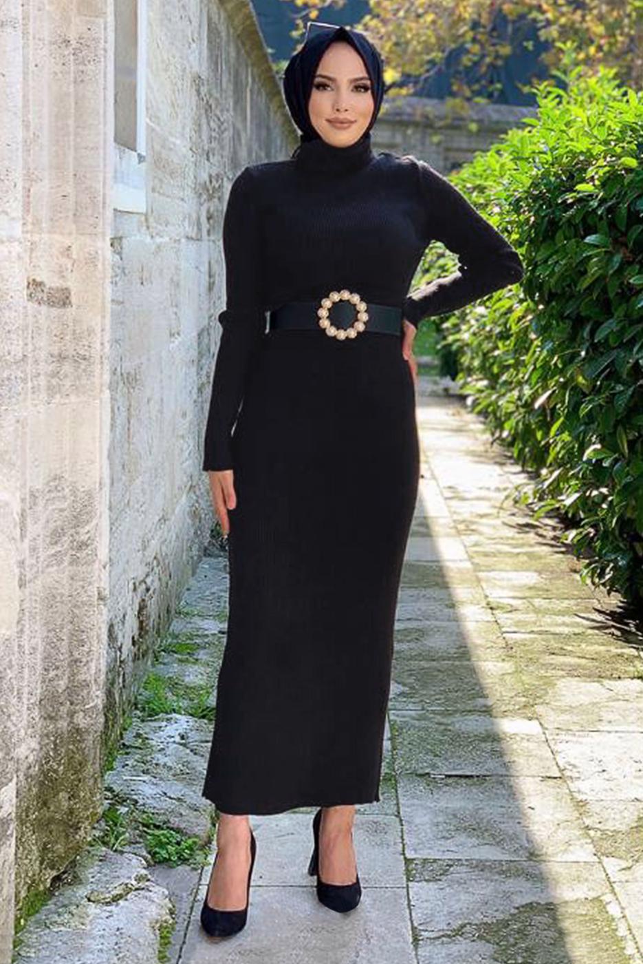 Tesettür giyim SİYAH FİTİLLİ TRİKO ELBİSE T 0014