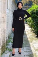 Tesettür giyim SİYAH FİTİLLİ TRİKO ELBİSE T 0014