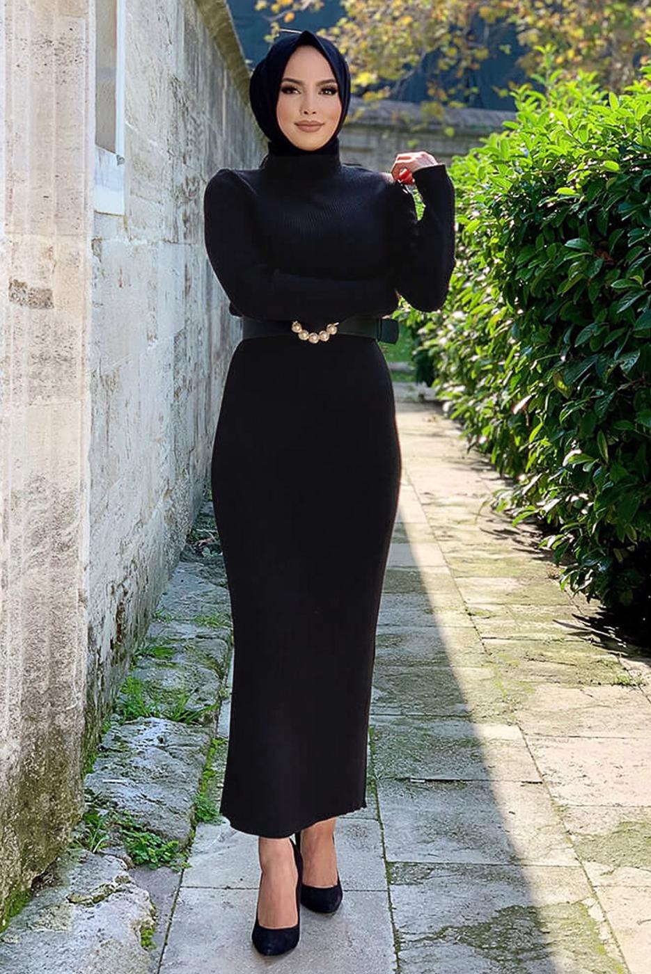 Tesettür giyim SİYAH FİTİLLİ TRİKO ELBİSE T 0014