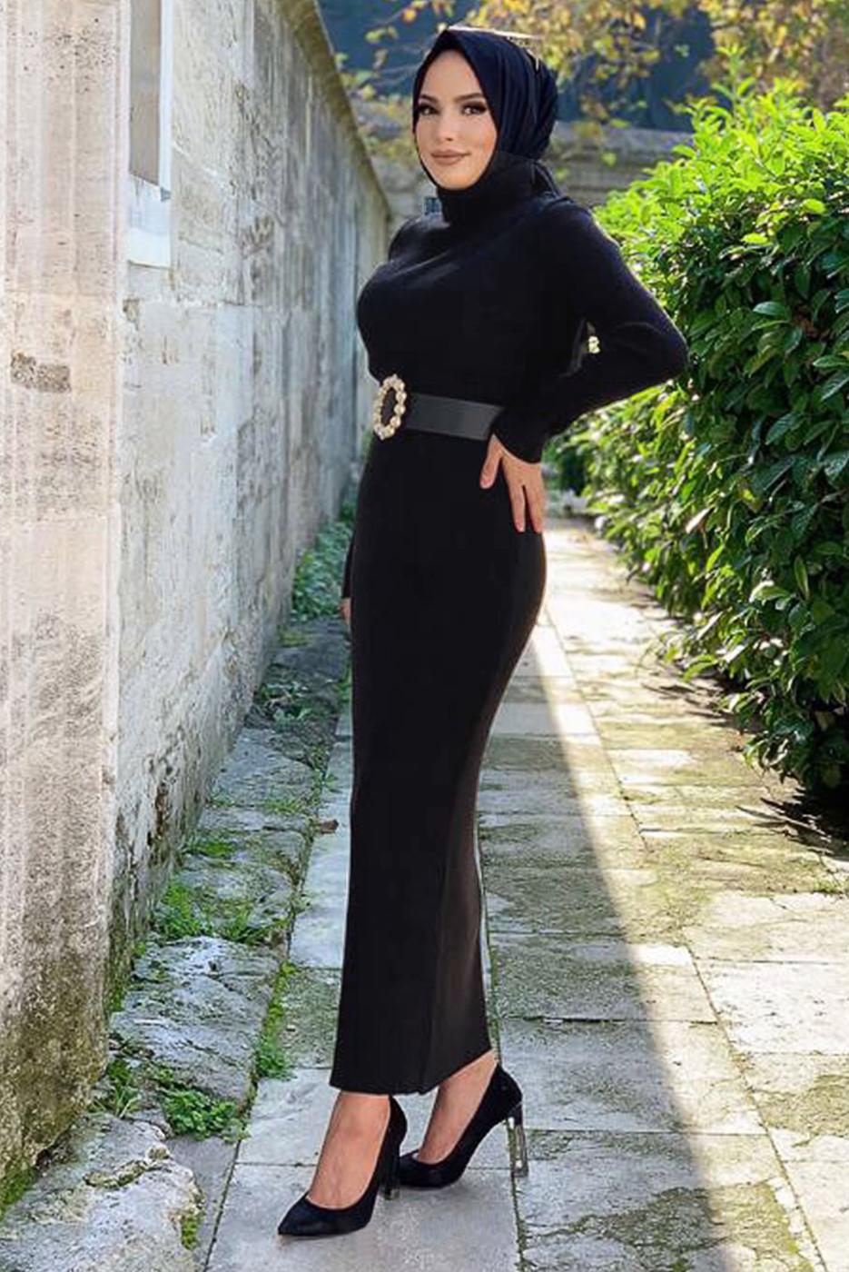 Tesettür giyim SİYAH FİTİLLİ TRİKO ELBİSE T 0014