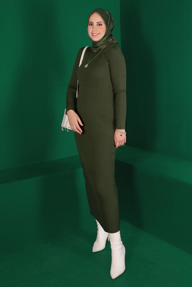 Tesettür giyim HAKİ FİTİLLİ TRİKO ELBİSE T 0014 - TRENDTESETTÜR