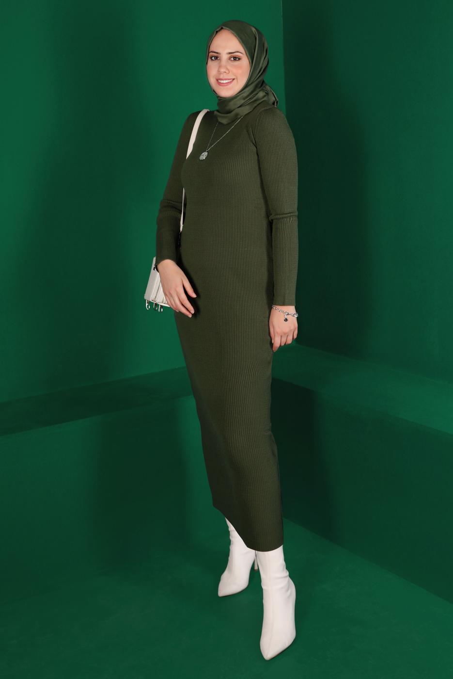 Hijab clothing KHAKI CORDUROY KNITWEAR DRESS T 0014	