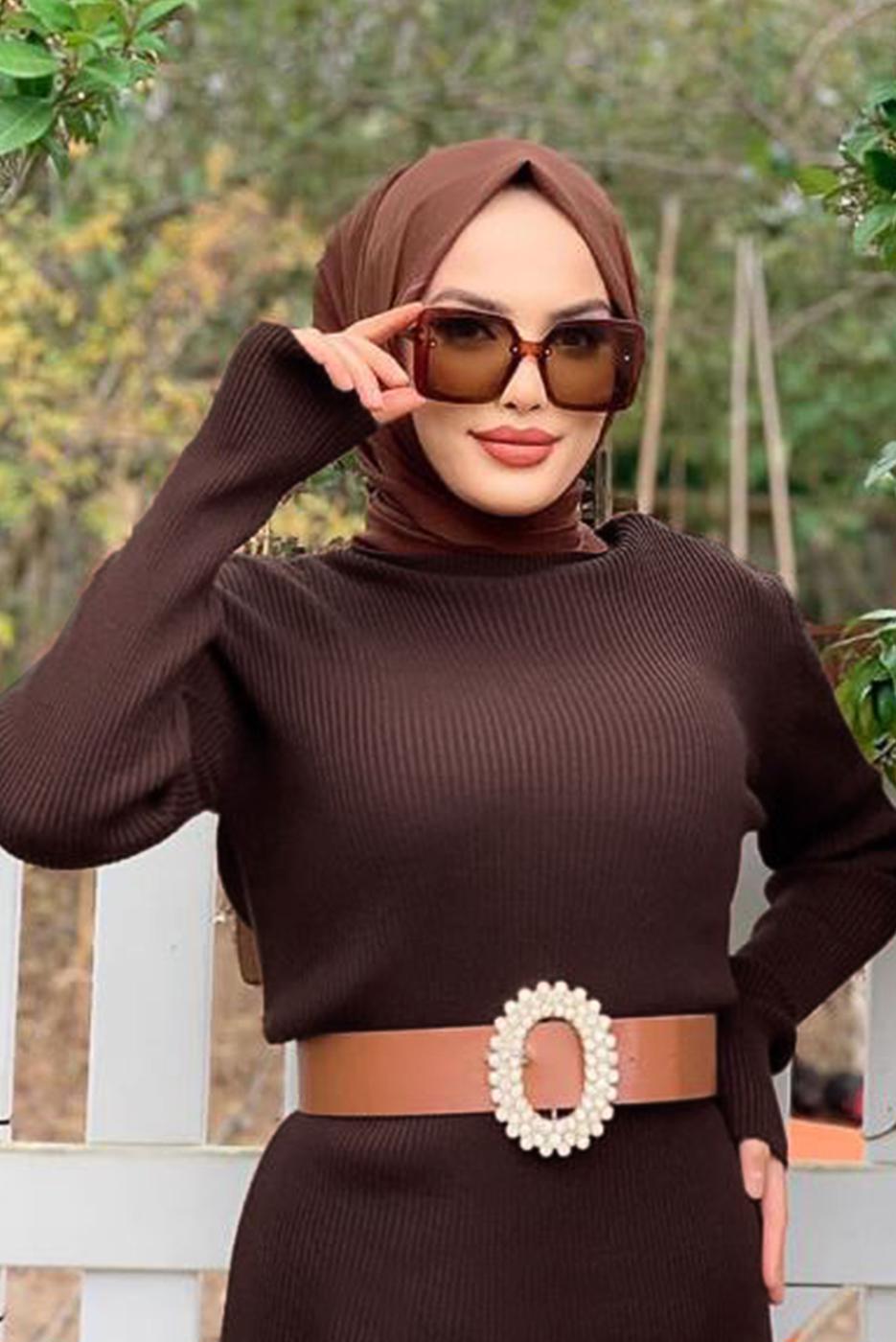 Tesettür giyim KAHVE FİTİLLİ TRİKO ELBİSE T 0014