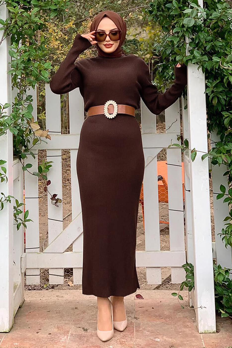 Tesettür giyim KAHVE FİTİLLİ TRİKO ELBİSE T 0014