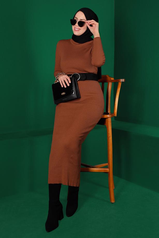 Tesettür giyim KAHVE FİTİLLİ TRİKO ELBİSE T 0014 - TRENDTESETTÜR