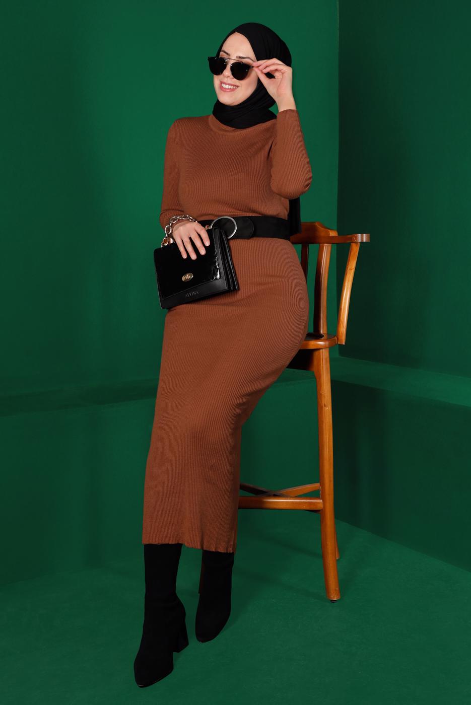 Hijab clothing BROWN CORDUROY KNITWEAR DRESS T 0014	