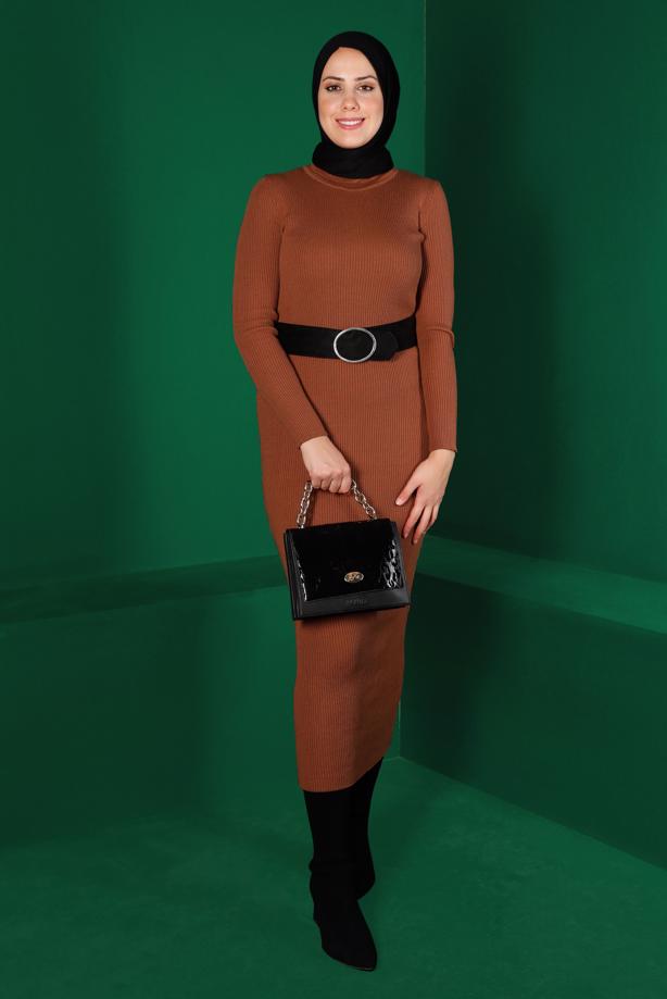 Tesettür giyim KAHVE FİTİLLİ TRİKO ELBİSE T 0014 - TRENDTESETTÜR