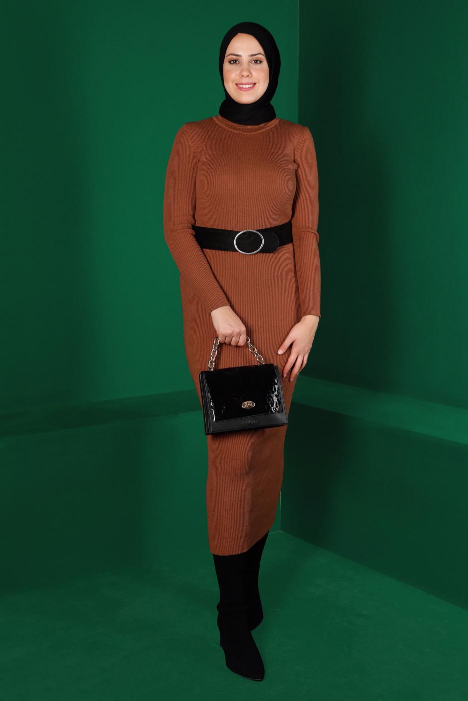 Hijab clothing BROWN CORDUROY KNITWEAR DRESS T 0014	