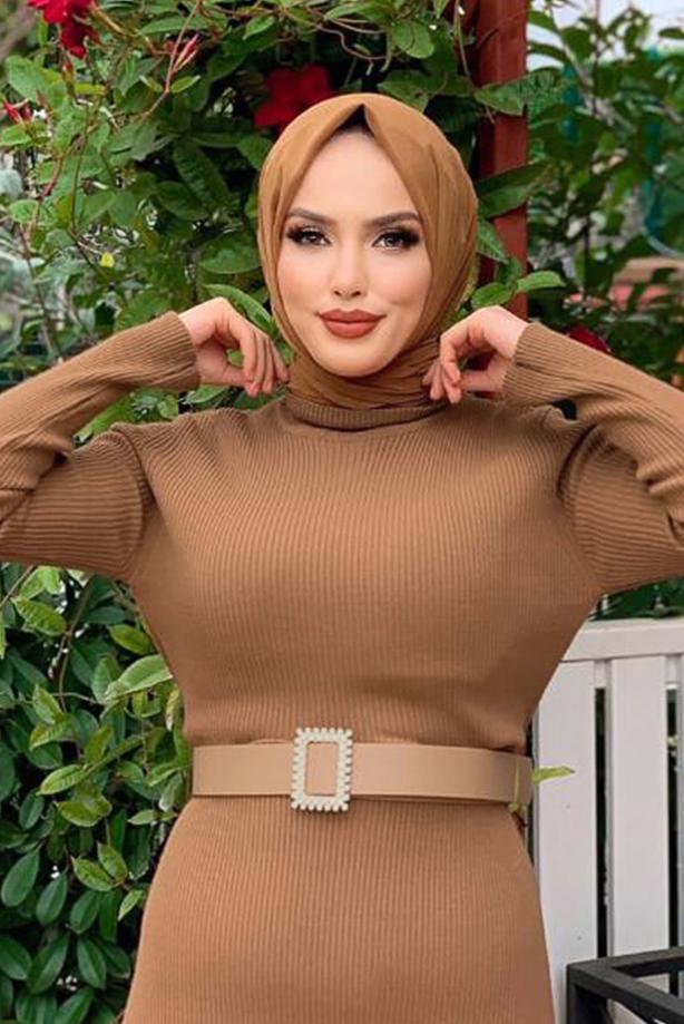 Tesettür giyim TABA FİTİLLİ TRİKO ELBİSE T 0014 - TRENDTESETTÜR