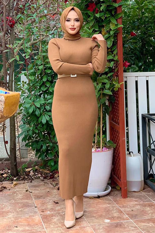 Tesettür giyim TABA FİTİLLİ TRİKO ELBİSE T 0014 - TRENDTESETTÜR