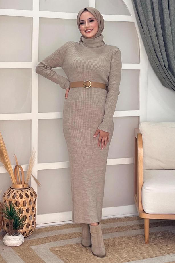 Tesettür giyim VİZON FİTİLLİ TRİKO ELBİSE T 0014 - TRENDTESETTÜR