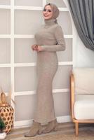 Tesettür giyim VİZON FİTİLLİ TRİKO ELBİSE T 0014