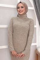 Tesettür giyim VİZON FİTİLLİ TRİKO ELBİSE T 0014