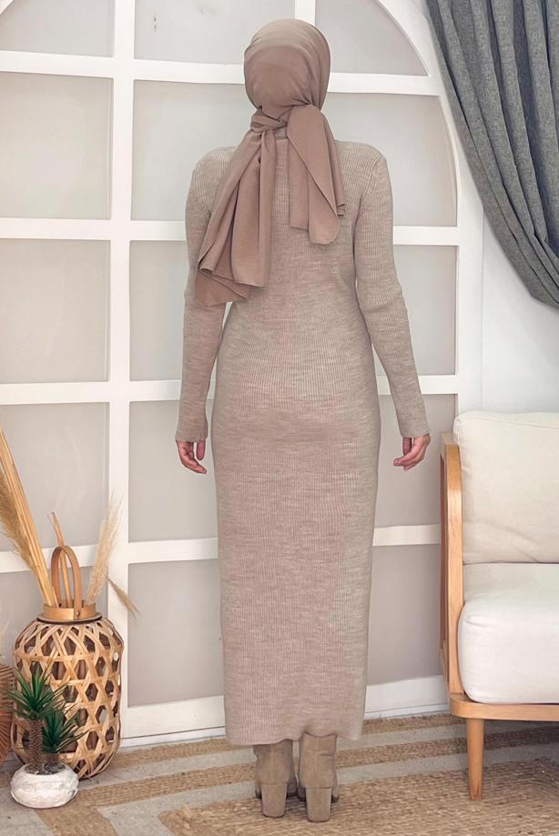 Tesettür giyim VİZON FİTİLLİ TRİKO ELBİSE T 0014 - TRENDTESETTÜR