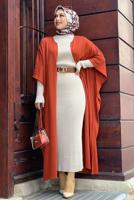 Tesettür giyim BEJ FİTİLLİ TRİKO ELBİSE T 0014