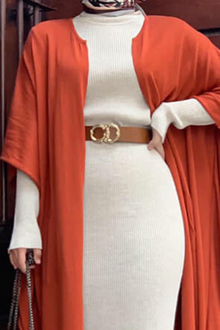 Tesettür giyim BEJ FİTİLLİ TRİKO ELBİSE T 0014