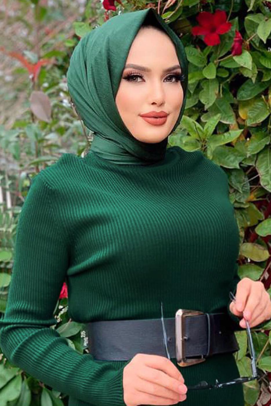 Tesettür giyim YEŞİL FİTİLLİ TRİKO ELBİSE T 0014