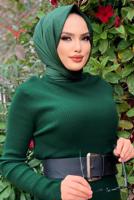 Tesettür giyim YEŞİL FİTİLLİ TRİKO ELBİSE T 0014