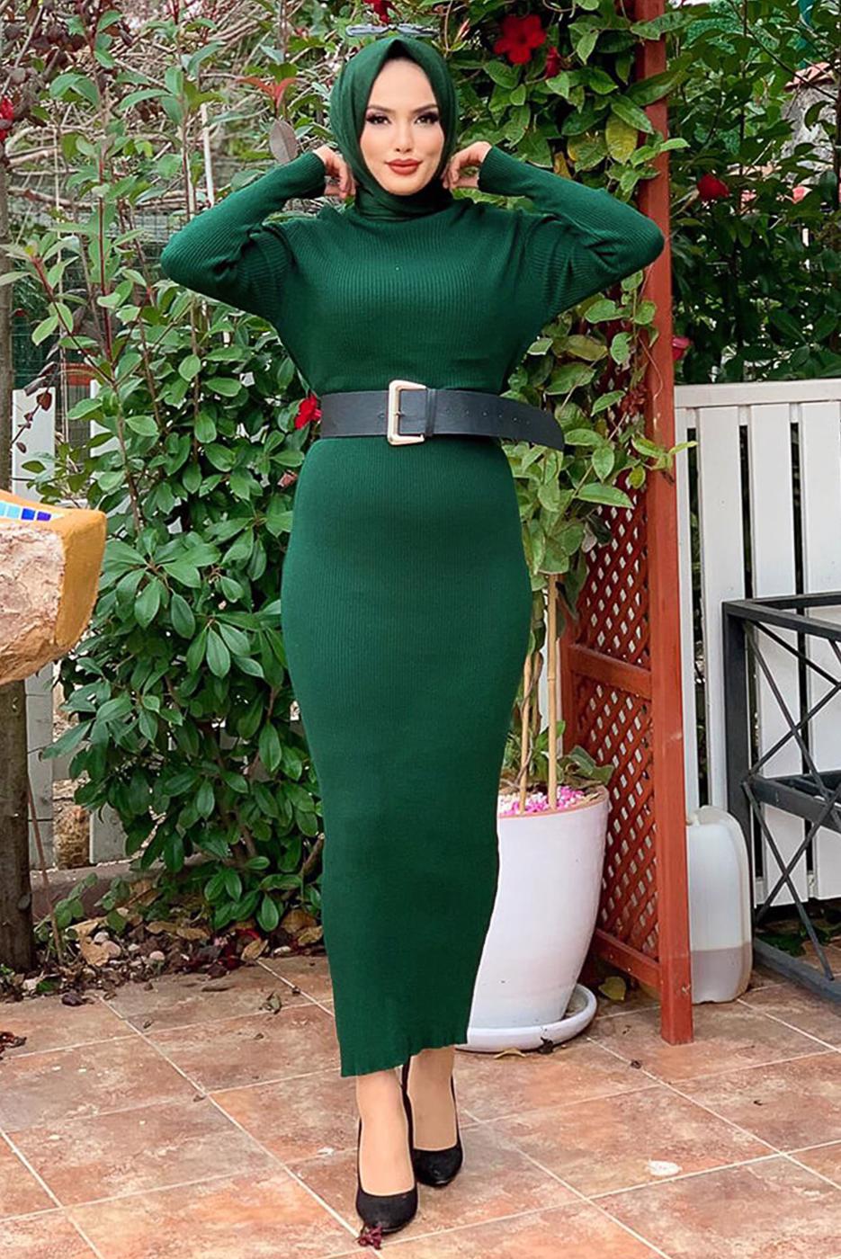 Tesettür giyim YEŞİL FİTİLLİ TRİKO ELBİSE T 0014