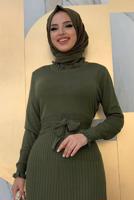 Tesettür giyim HAKİ ETEĞİ PİLİSELİ TRİKO ELBİSE 00271	