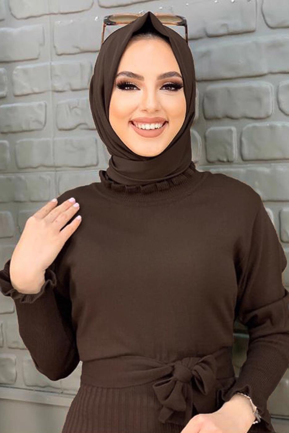 Tesettür giyim KAHVE ETEĞİ PİLİSELİ TRİKO ELBİSE 00271	
