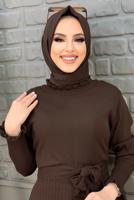 Tesettür giyim KAHVE ETEĞİ PİLİSELİ TRİKO ELBİSE 00271	