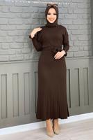Tesettür giyim KAHVE ETEĞİ PİLİSELİ TRİKO ELBİSE 00271	