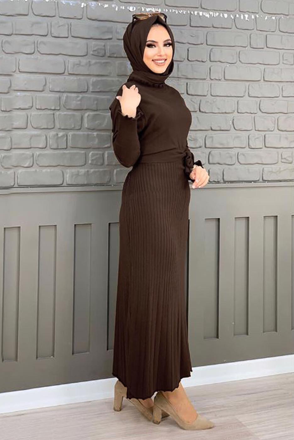 Tesettür giyim KAHVE ETEĞİ PİLİSELİ TRİKO ELBİSE 00271	