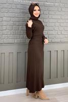 Tesettür giyim KAHVE ETEĞİ PİLİSELİ TRİKO ELBİSE 00271	