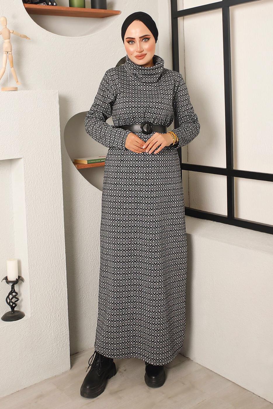Tesettür giyim SİYAH ETNİK DESENLİ KEMERLİ ELBİSE 0182 