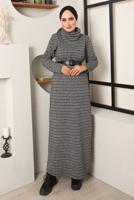 Tesettür giyim SİYAH ETNİK DESENLİ KEMERLİ ELBİSE 0182 