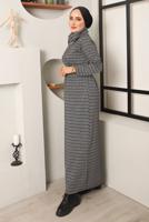 Tesettür giyim SİYAH ETNİK DESENLİ KEMERLİ ELBİSE 0182 