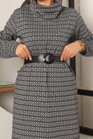 Tesettür giyim SİYAH ETNİK DESENLİ KEMERLİ ELBİSE 0182 