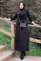 Tesettür giyim SİYAH KUŞAKLI SİMLİ TRİKO ELBİSE 40102 