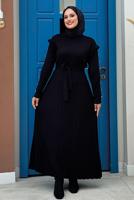 Tesettür giyim SİYAH PİLELİ FIRFIRLI TRİKO ELBİSE T 40222
