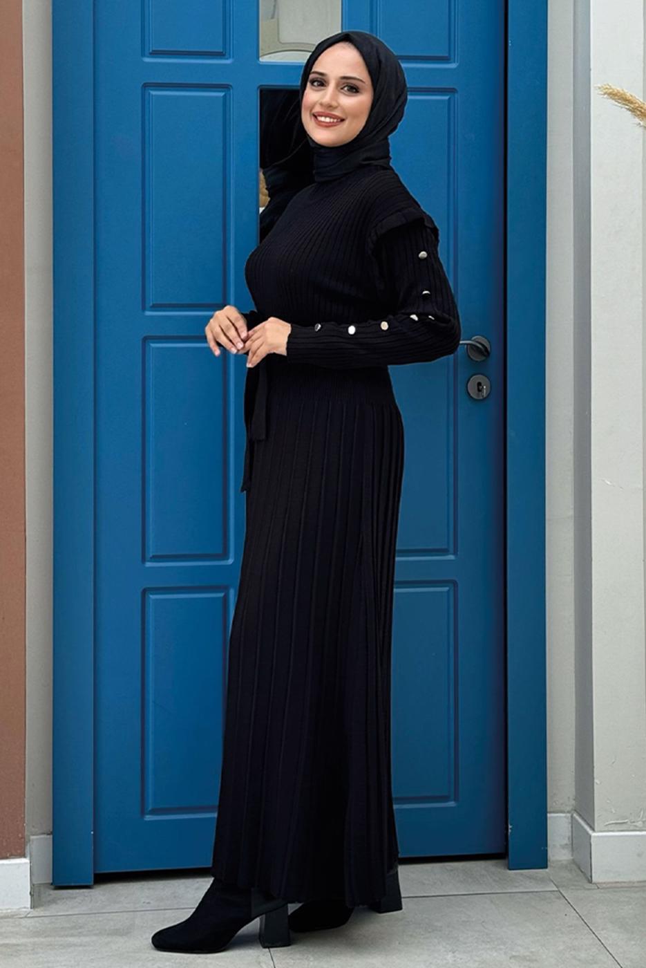 Tesettür giyim SİYAH PİLELİ FIRFIRLI TRİKO ELBİSE T 40222