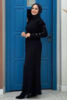 Tesettür giyim SİYAH PİLELİ FIRFIRLI TRİKO ELBİSE T 40222