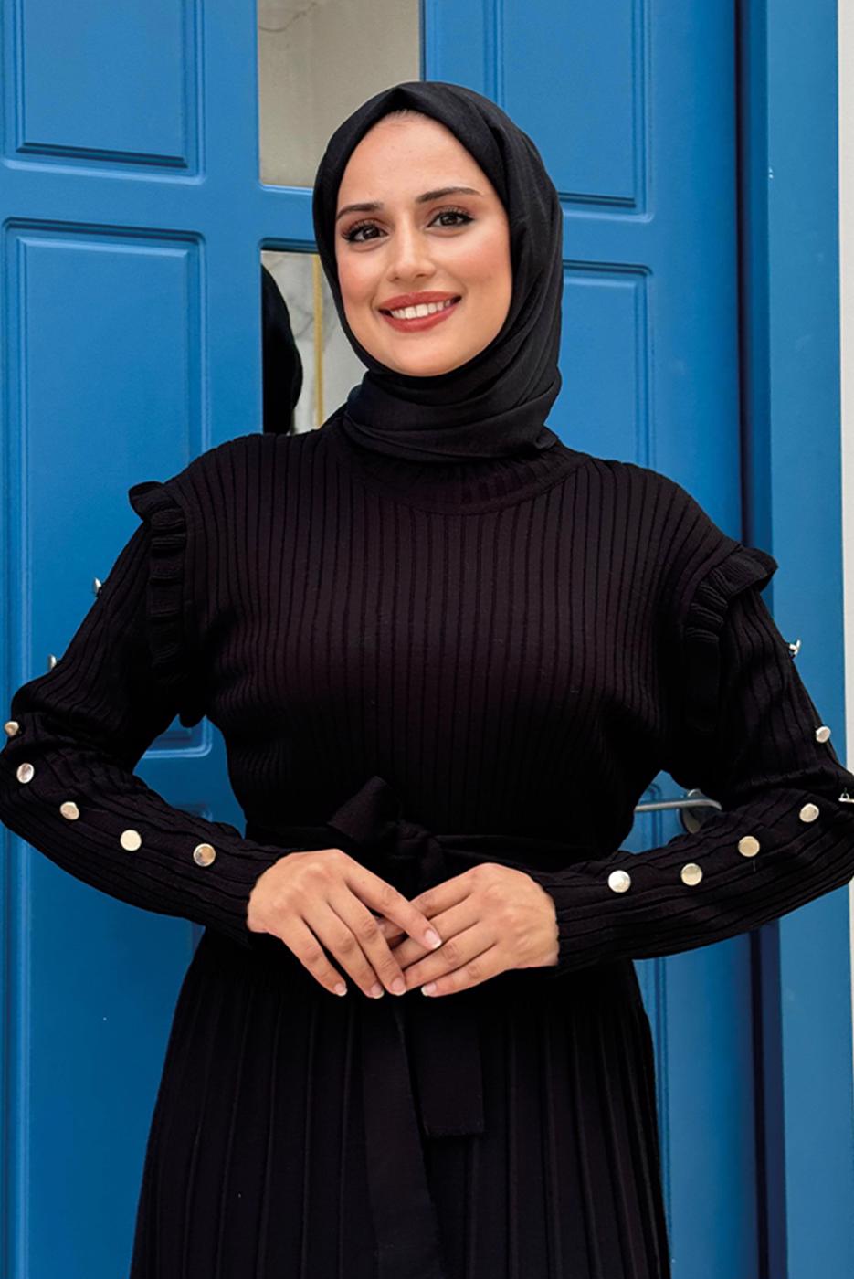 Tesettür giyim SİYAH PİLELİ FIRFIRLI TRİKO ELBİSE T 40222