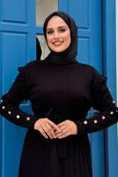 Tesettür giyim SİYAH PİLELİ FIRFIRLI TRİKO ELBİSE T 40222