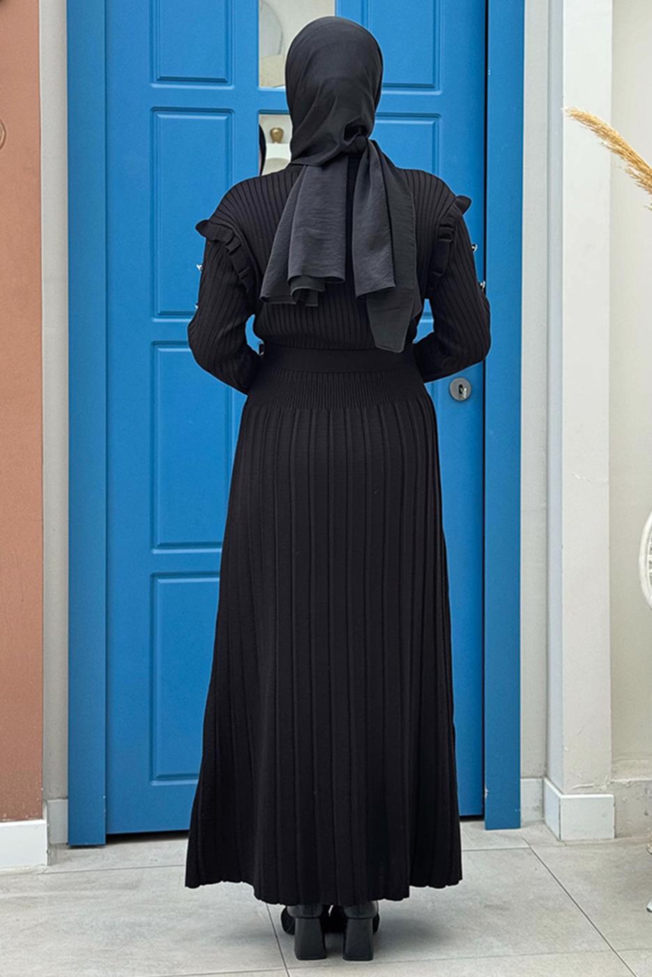 Tesettür giyim SİYAH PİLELİ FIRFIRLI TRİKO ELBİSE T 40222