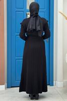 Tesettür giyim SİYAH PİLELİ FIRFIRLI TRİKO ELBİSE T 40222