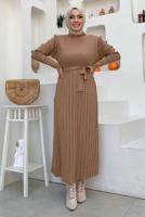 Tesettür giyim TABA PİLELİ FIRFIRLI TRİKO ELBİSE T 40222