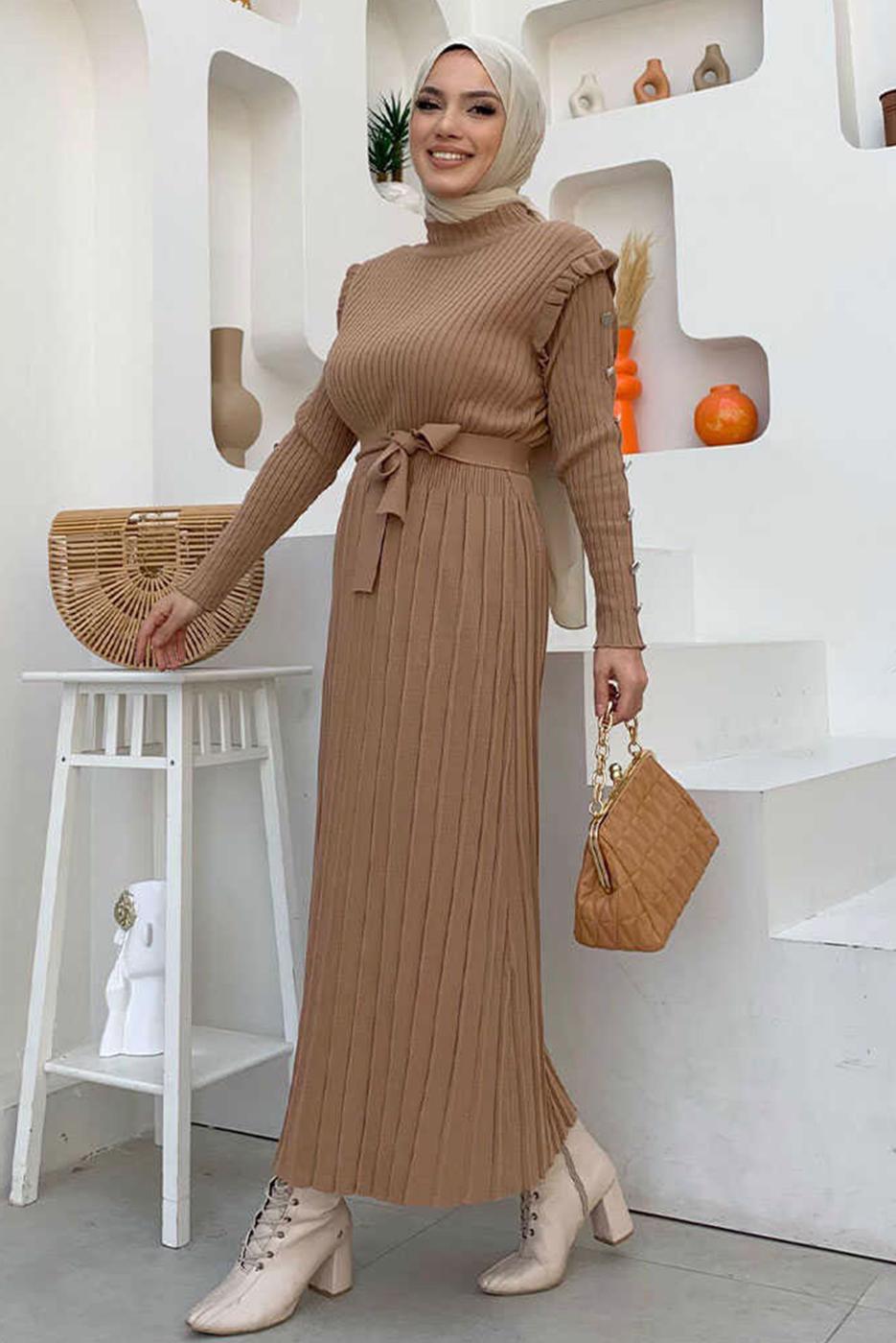 Tesettür giyim TABA PİLELİ FIRFIRLI TRİKO ELBİSE T 40222