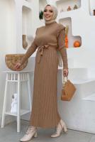 Tesettür giyim TABA PİLELİ FIRFIRLI TRİKO ELBİSE T 40222